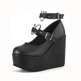 Heart Ankle Buckle Strap PU Platform Wedges